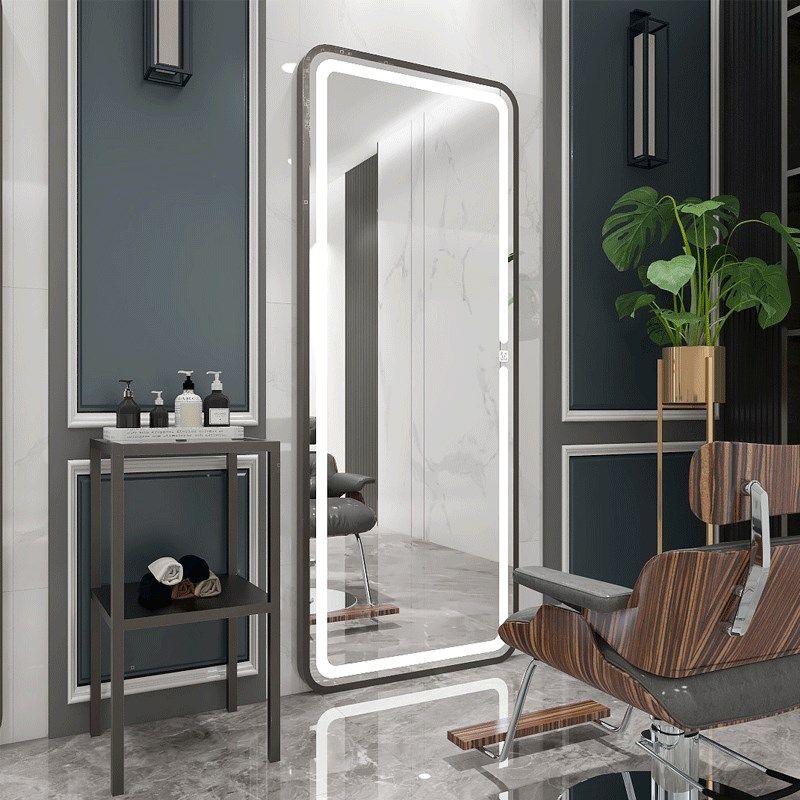 高档不锈钢金色单面美发镜台理发店挂墙剪发带灯镜子发廊专用包邮