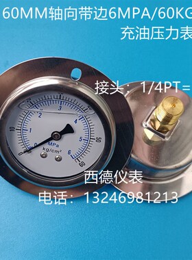 60MMl轴向带边(嵌装式)充油耐震压力表 60KG/6MPA 螺牙2分