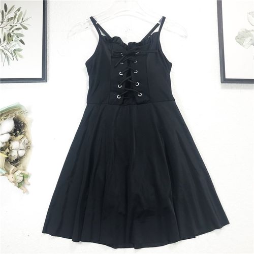 纯色黑色少女连体泳衣女小v胸聚拢收腰显瘦显瘦遮肚平角裤裙式泳