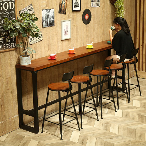 实木靠墙吧台桌家用客厅高脚桌酒吧餐桌奶茶店桌椅U组合长条桌商