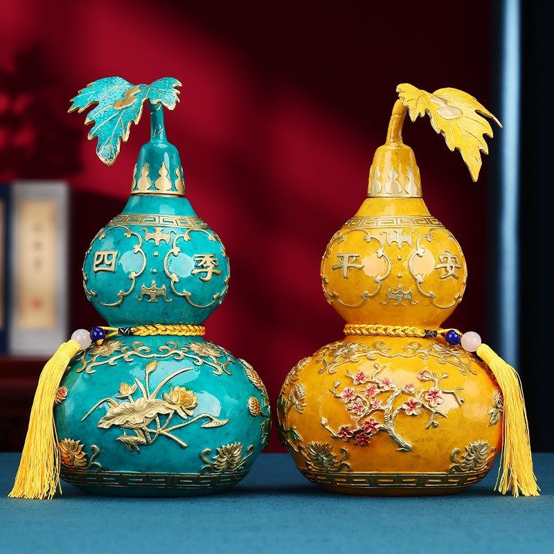 铜葫芦摆件四季花葫芦新中式家用客厅桌面装饰品摆设乔迁开业礼品