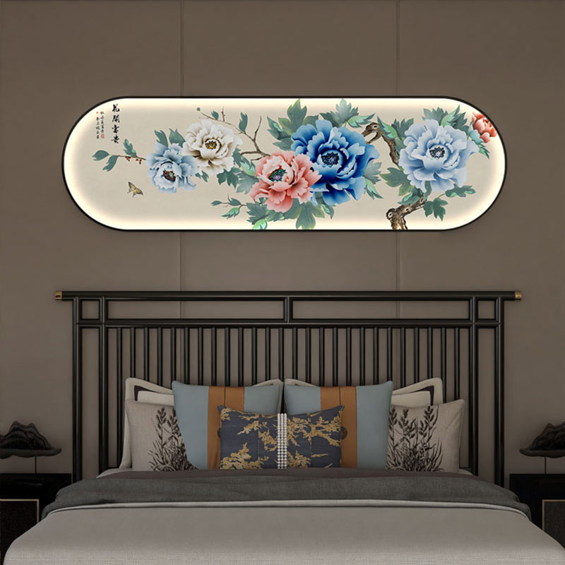 花开富贵新中式卧室牀头装饰画带灯长辈房间背景墙牡丹花客厅挂画