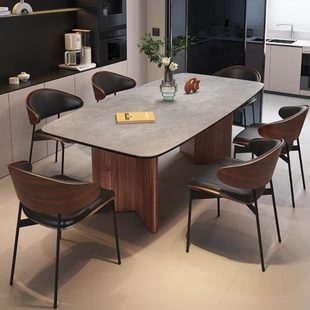 中古风白蜡实木餐桌家用小户型餐厅胡桃色现代简约岩板饭桌椅组合