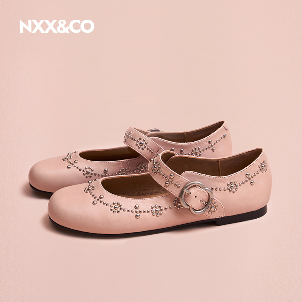 NXX&CO2026年夏季新款复古风铆钉玛丽珍羊皮亲肤内里女款软底单鞋