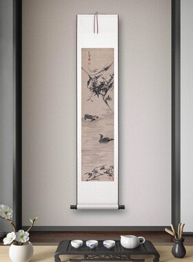 清朱耷《鸳鸯戏水》客厅书房茶室装饰画挂画玄关U水墨清卷轴字画