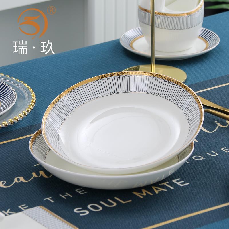 立体浮雕金骨瓷餐具盘子家用8z英寸深菜盘金边饭盘汤盘餐盘深盘碟