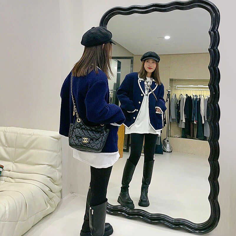欧式落地全身镜试衣镜服装店黑色波浪G镜置地网红ins穿衣镜大镜子