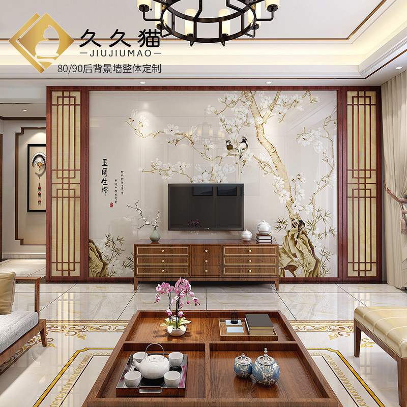 客厅电视墙实木花格红檀木色瓷砖背景墙原木造型大理石护墙板