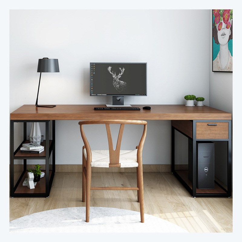 实木多人办公桌台式电脑桌家用书桌带抽屉中式铁艺工作台办公桌子