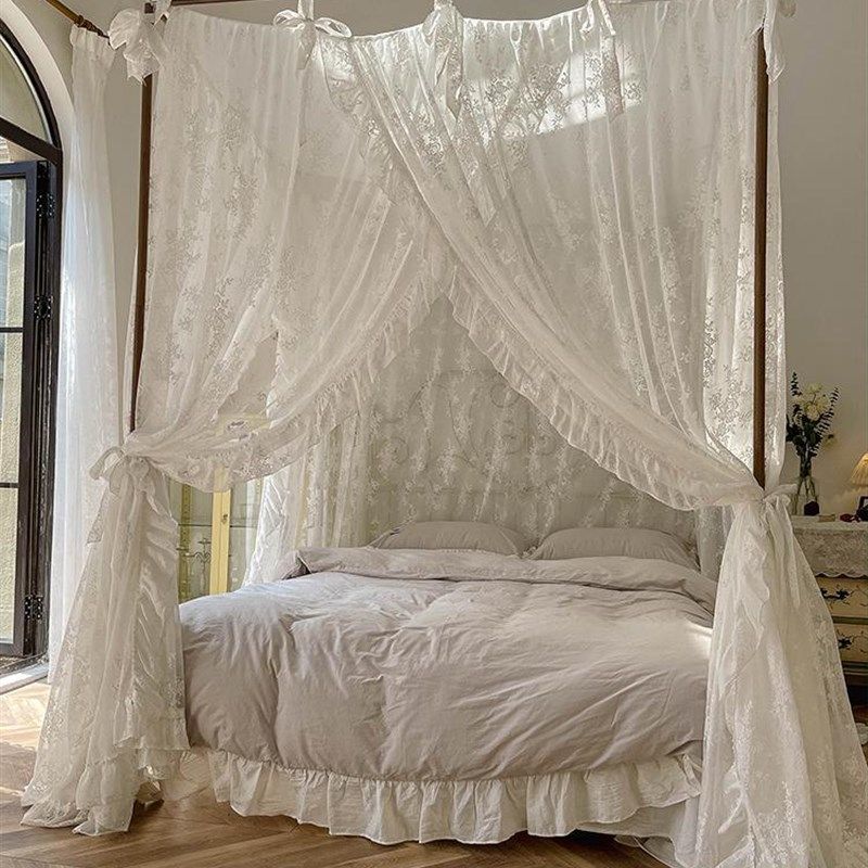 新款公主风蕾丝宫廷蚊帐1.8m床家用三开门落地老式架子床民宿床幔