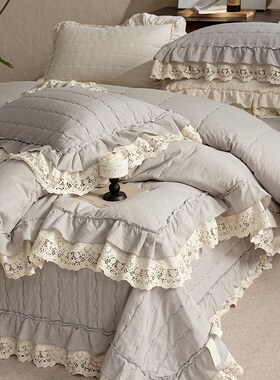 2025新款棉麻床盖夏被三件套四件套 230*250cm床盖三件套 麻灰色