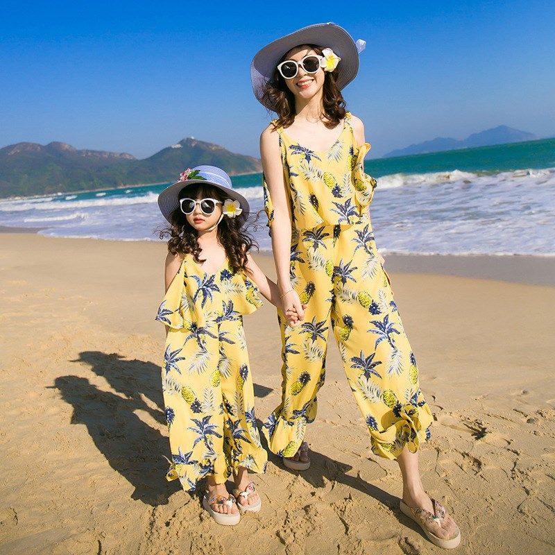 家庭亲子装新款衬衣套装夏装休闲沙滩海边度假母女连身衣阔脚凤梨