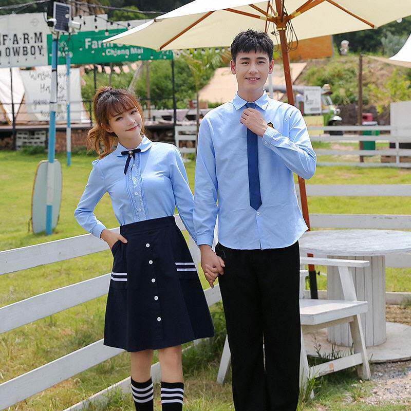 英伦院风制学TQS服男蓝衬衫中学生校服高中生业班毕女服白扣裙套