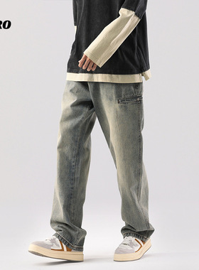 xxbro男装#水洗做旧牛仔裤男设计感直筒宽松百搭裤子潮流直筒