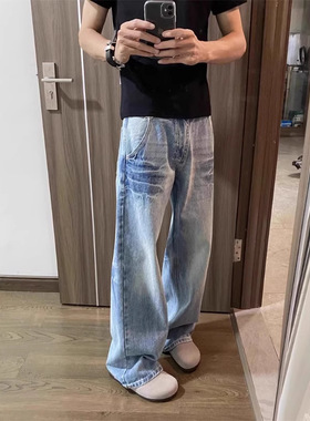 浅色牛仔裤男直筒宽松阔腿美式高街vibe裤子潮牌痞帅百搭休闲长裤