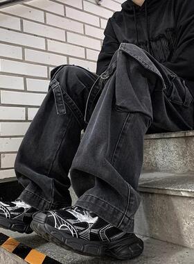 裤子男潮流多口袋工装牛仔裤男宽松直筒阔腿高街美式松紧腰设计感