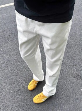 cleanfit白色裤子男款修身直筒牛仔裤美式高街vibe风潮流微喇长裤