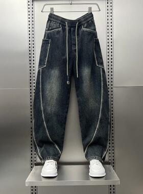 拼接工装牛仔裤男直筒宽松弯刀阔腿美式高街裤子潮流百搭痞帅长裤