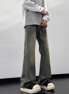 破洞牛仔裤男直筒宽松阔腿水洗复古美式高街微喇裤子潮牌痞帅长裤