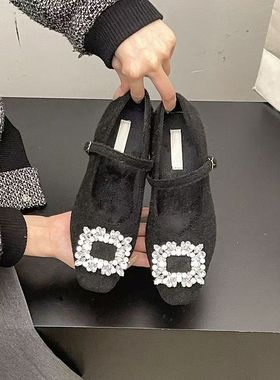 水钻方头加绒玛丽珍单鞋2025秋冬季法式低跟黑色晚晚女鞋子毛毛鞋