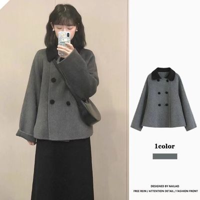 灰色短款呢子大衣女秋冬娃娃领