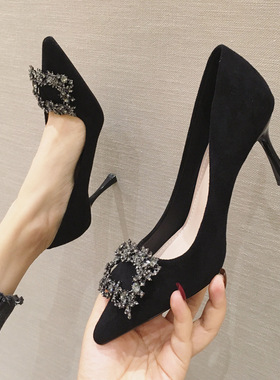 20308-2 高跟鞋女2025年新款细跟尖头水钻搭扣法式尖头婚鞋女单鞋