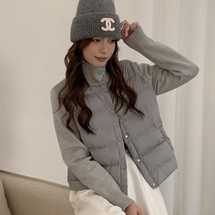 森岛秋冬新款空气绒棉服女针织袖保暖纽扣开衫外套轻薄设计感上衣