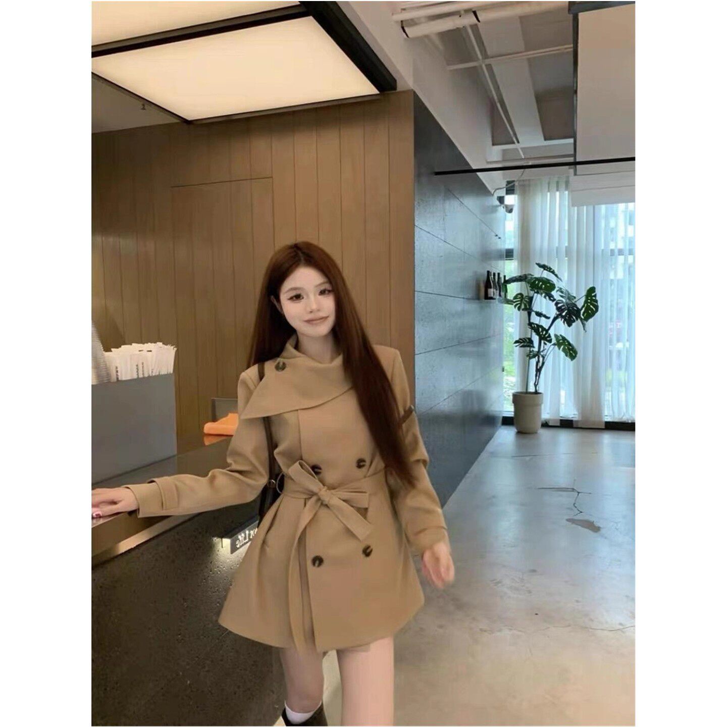 英伦风双排扣立领风衣外套女秋季绑带宽松中长款气质休闲开衫上衣