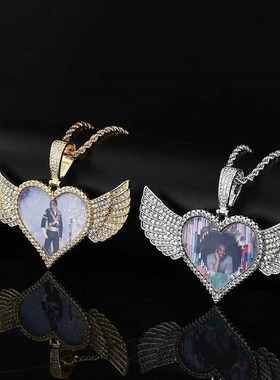 热销欧美嘻哈照片吊坠铜镶钻爱心翅膀锆O石实心记忆相框项链