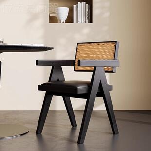 实木餐椅手家用中古风昌迪加尔侘寂风软ZJ-CP包扶编靠背椅休闲藤