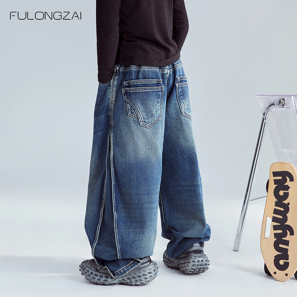 FULONGZAI 亲子童装秋冬季男女童中大童加绒加厚宽松牛仔长裤子