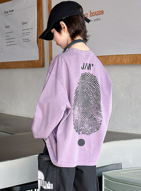 男童紫色字母T恤春秋款2026新款儿童秋季上衣中大童秋装帅气童装