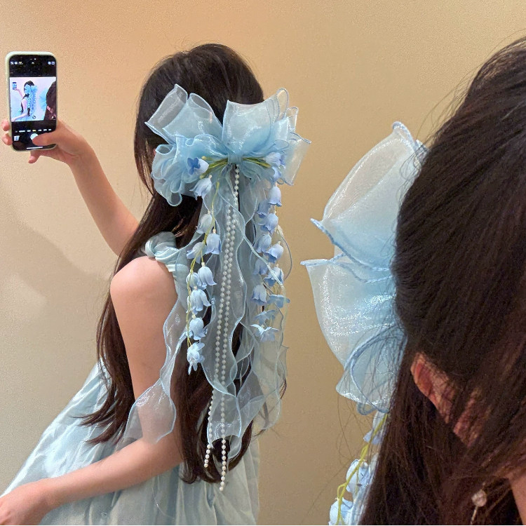 蓝色蝴蝶结发夹铃兰花丝带编发发卡森系飘带头饰鸭嘴夹后脑勺夹子