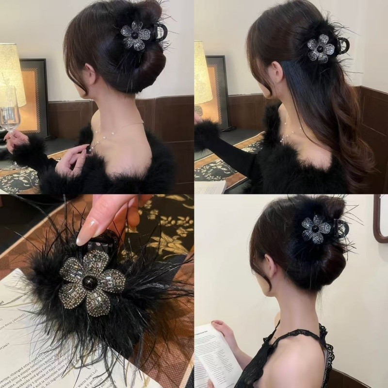 花坞里黑色羽毛抓夹后脑勺鲨鱼夹