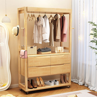 实木衣帽架鞋架一体高颜值挂衣服架子卧室多功能可移动落地挂衣架