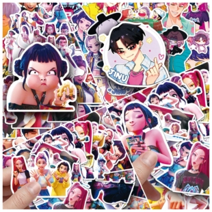 50/100张KPop Demon Hunters贴纸K-Pop 吧唧 猎魔女团贴纸75MM吧唧手机手账本滑板行李箱跨境DIY贴纸批发