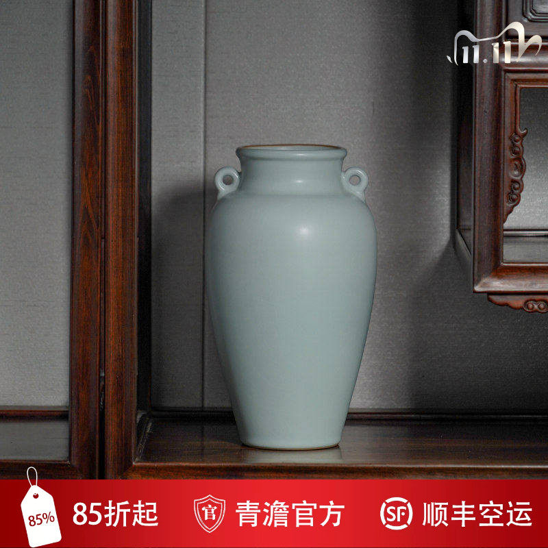 青澹汝窑双耳花瓶摆件景德镇陶瓷手工仿古瓷器青瓷中式家居装饰