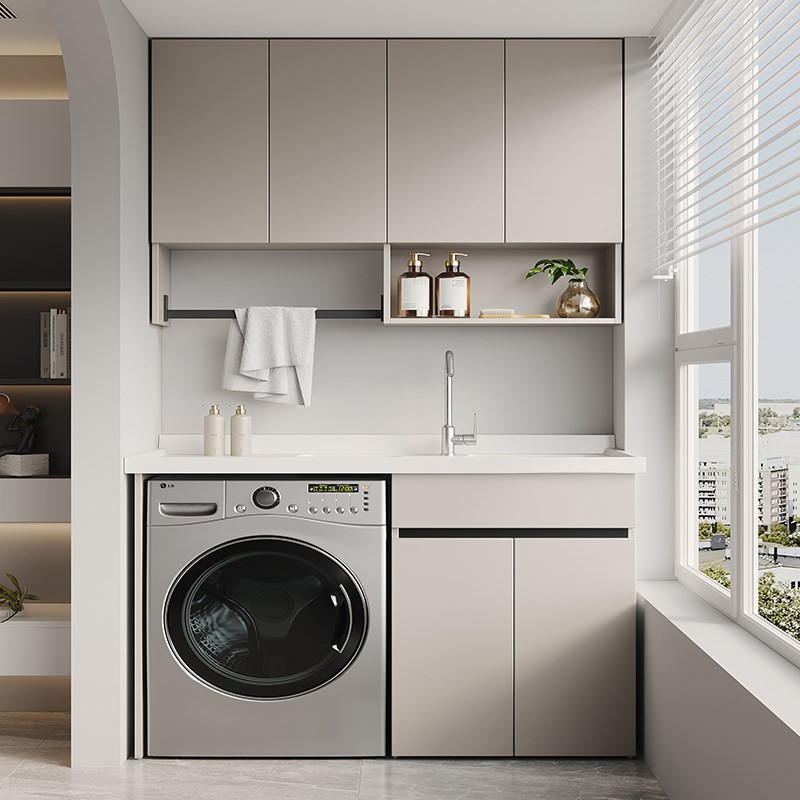 蜂窝铝洗衣机一体柜奶油风阳台柜带搓衣板滚筒式洗衣机伴侣洗衣柜