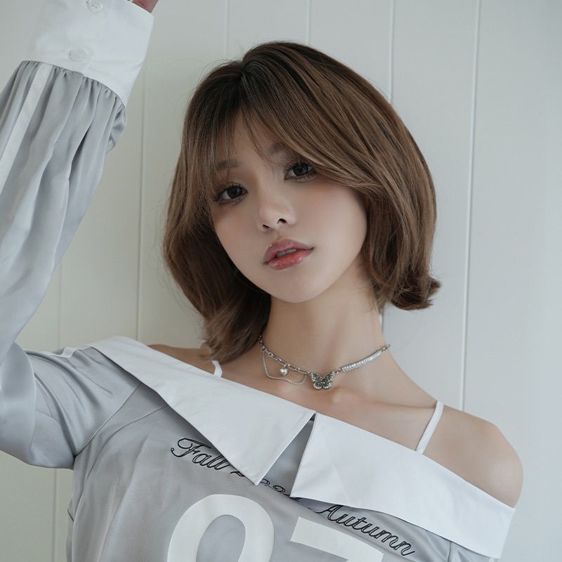 头顶染假发女法式中分刘海短发假发头套C仿真自然短卷发Short Wig