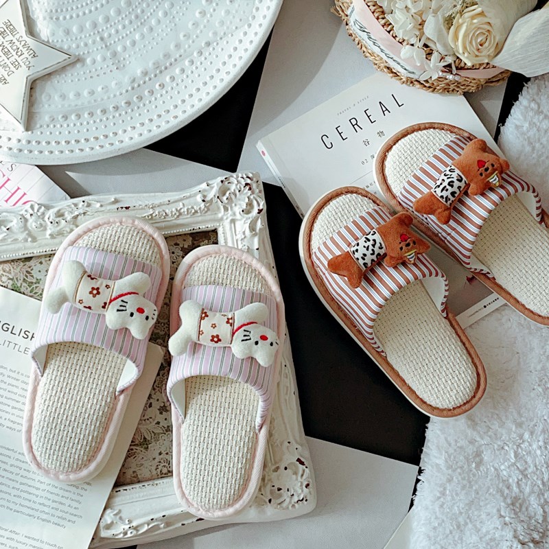 日式可爱猫咪夏天新款亚麻拖鞋女室内家用春秋四季防滑情侣居家鞋