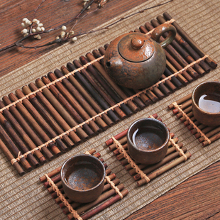做旧茶道竹排杯托 编织茶具配件茶帘茶席 隔热垫紫竹摆件杯垫茶垫