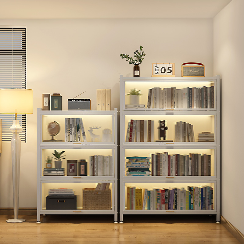 家用钢制书柜带门防尘储物柜儿童落地多层书房铁艺书架收纳置物架