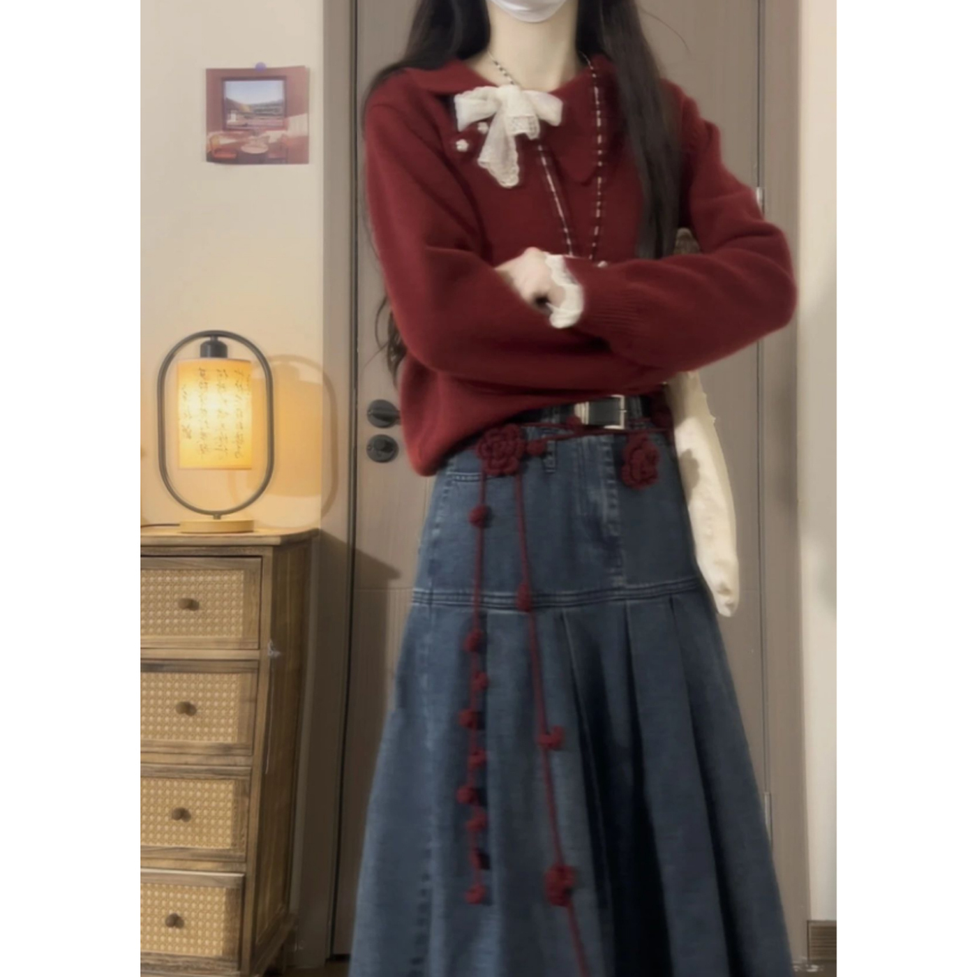 圣诞节穿搭红色套头蕾丝拼接翻领毛衣女秋冬宽松慵懒风针织衫上衣