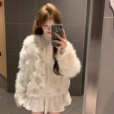 奶fufu白色小香风仿水貂绒毛衣开衫外套女秋冬季加厚毛毛环保皮草