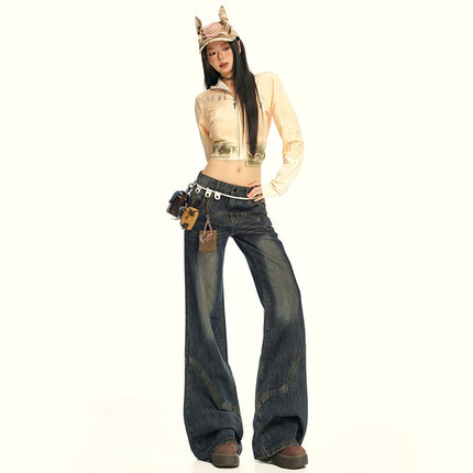 千屿诗25th ootd!｜ 美式复古女秋季高街设计感高腰显瘦宽松微喇