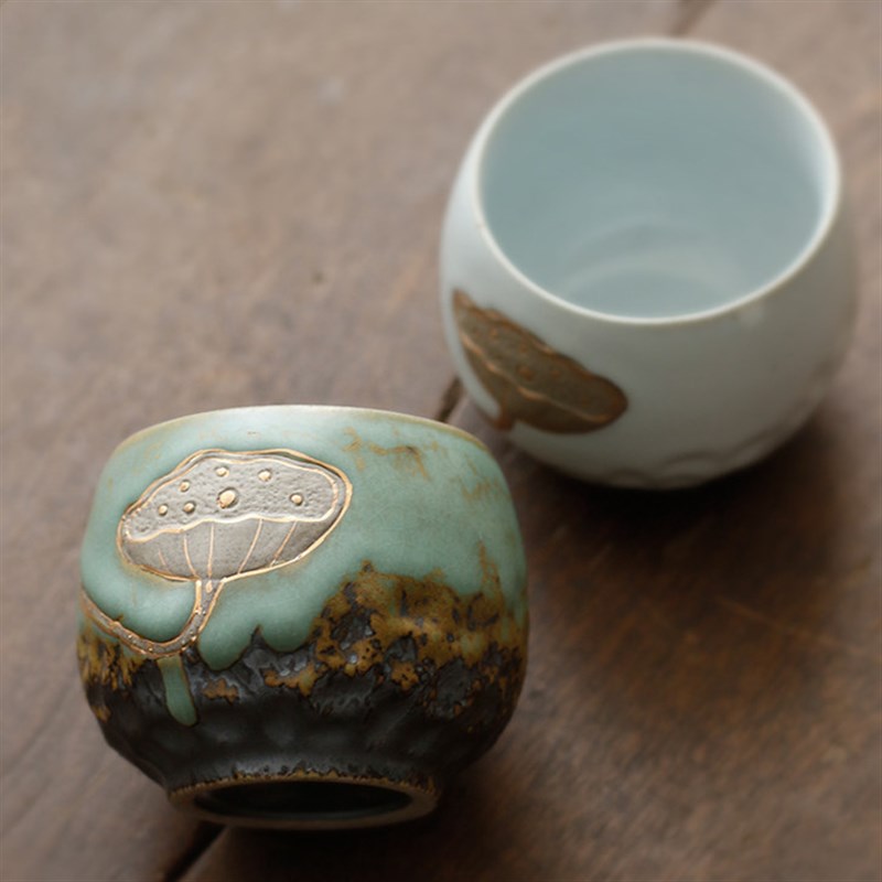手工浮雕莲蓬茶杯功夫品茗杯陶瓷单杯粗陶窑变主人杯复古禅意茶盏