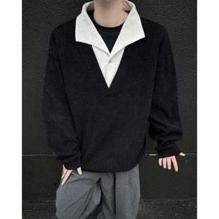 SOTAKEN小众设计感假两件翻领卫衣男拼接肌理感休闲长袖 上衣潮