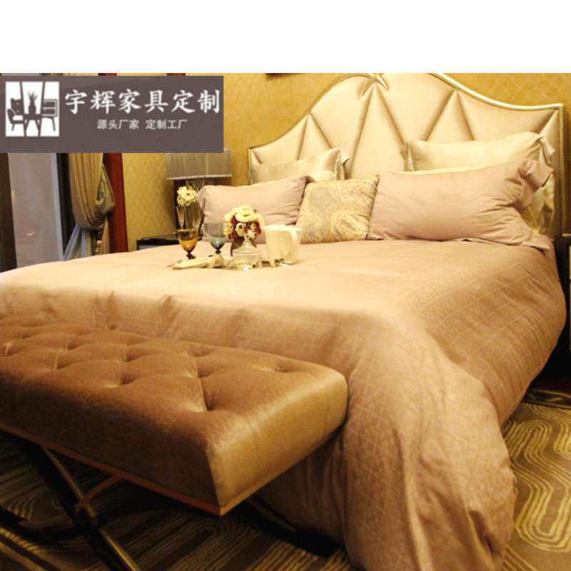新古典后现代星河湾卧室家具 实木香槟银箔布艺1.8米双人床婚床