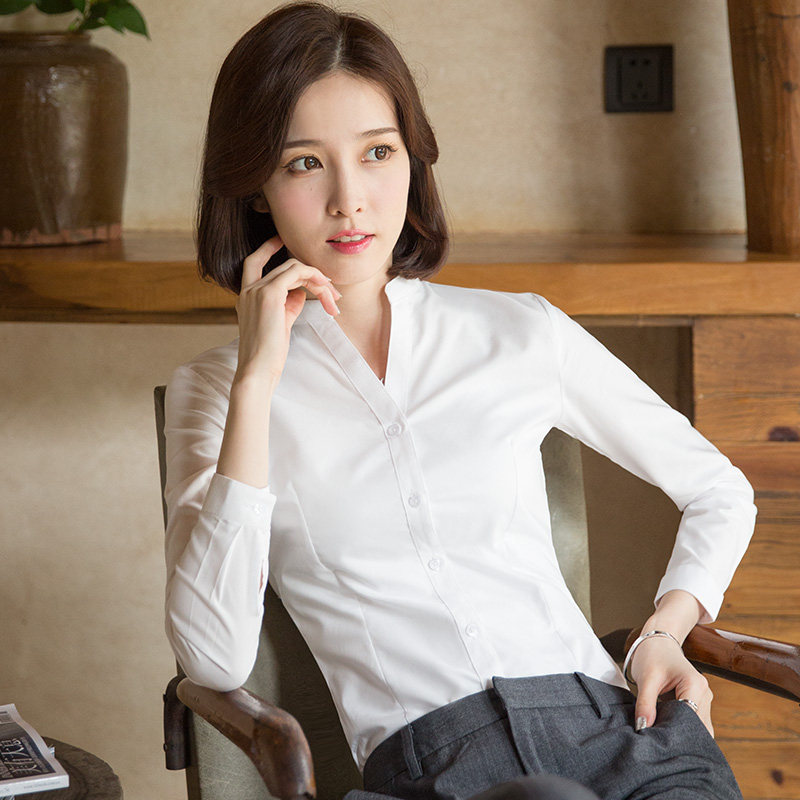 V领职业装白衬衫女长袖春秋2021新款工M作服白色衬衣设计感小众