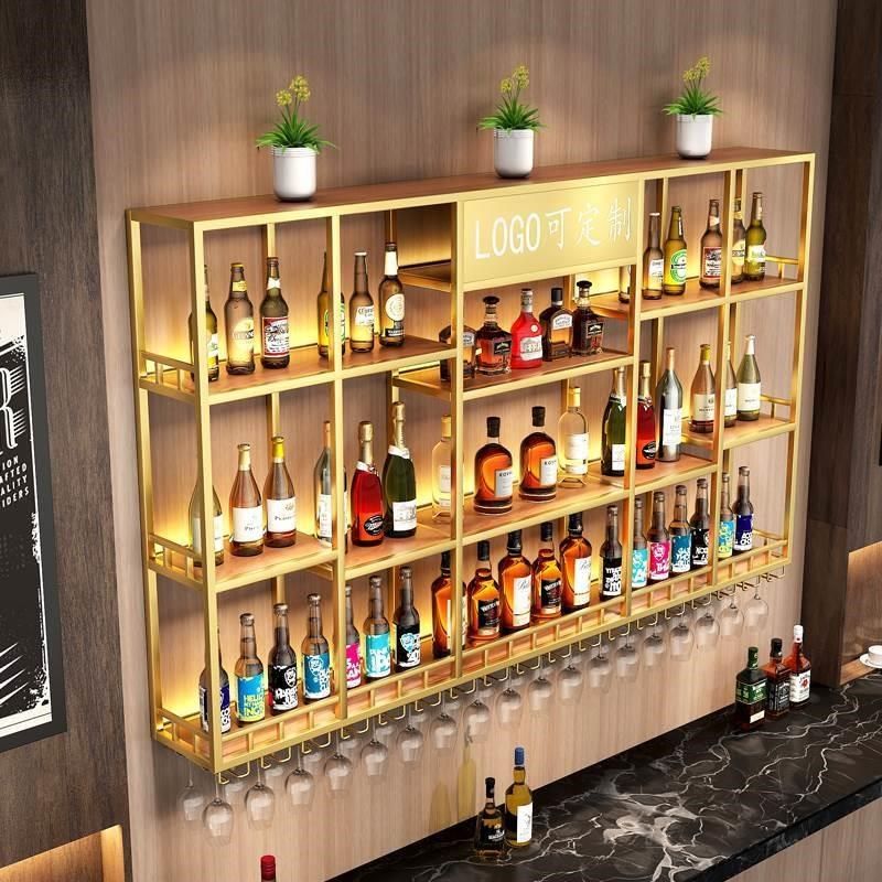 店铺挂墙红酒架子简约吧台壁挂酒柜展示柜铁艺发光酒架置物架定制
